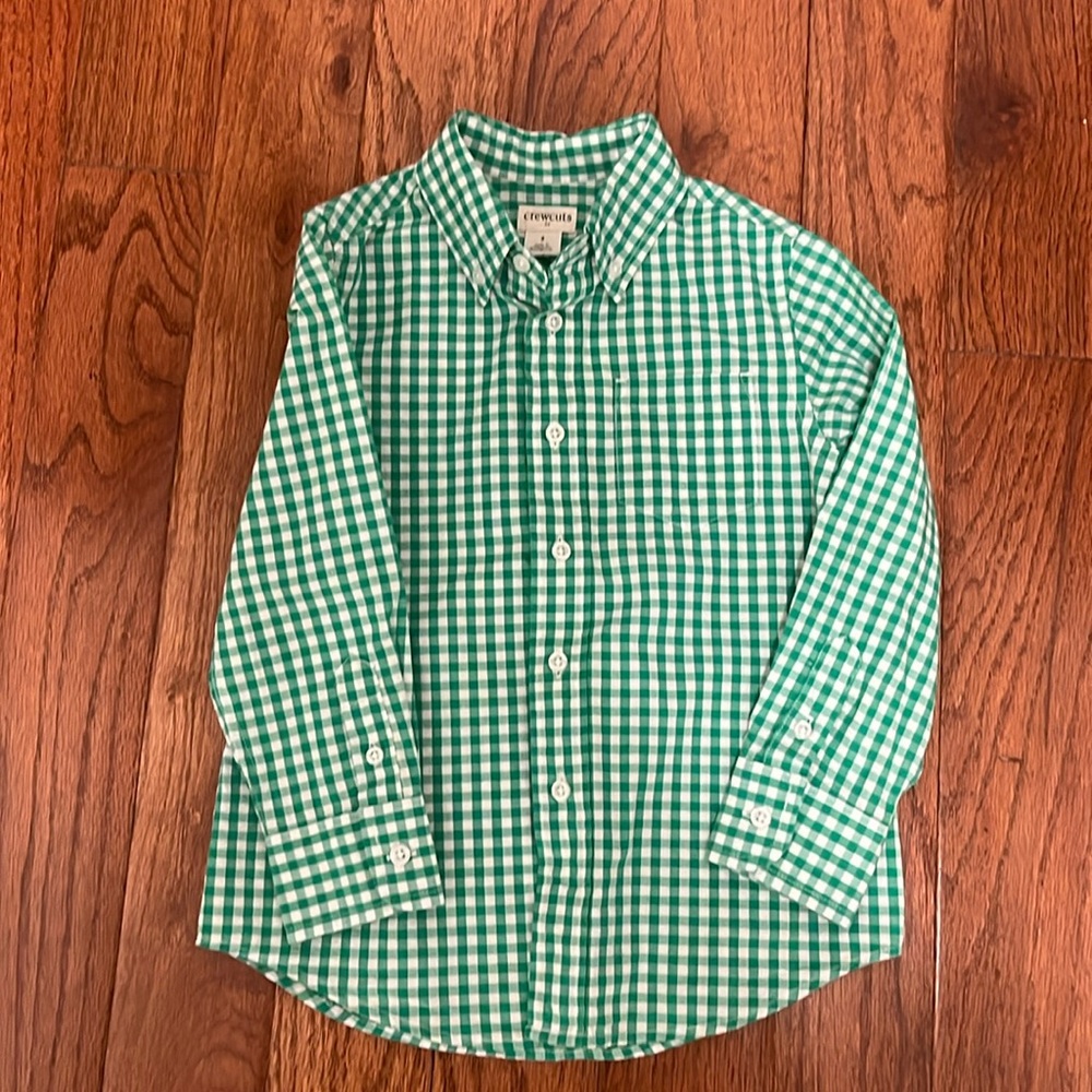 Boys button down plaid green and white shirt crewcuts brand by J Crew size 3